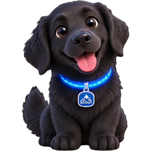 Scout the happy black puppy wearing a glowing blue collar